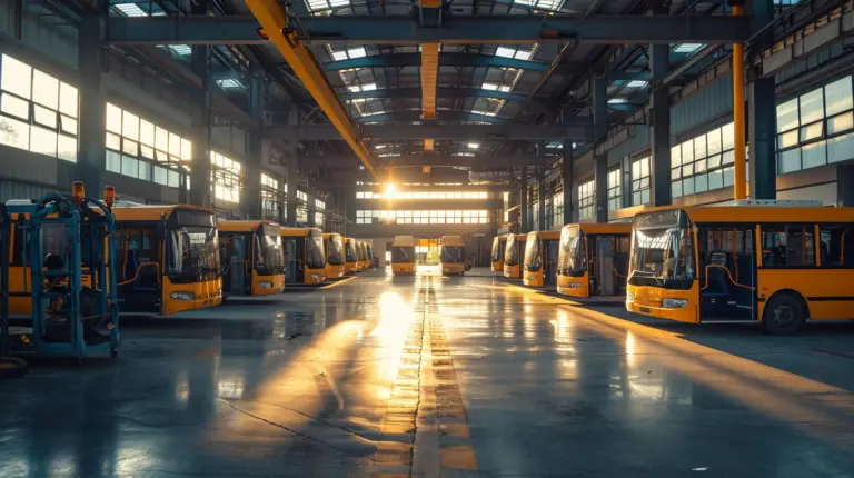 Sunset-lit bus depot with vibrant yellow buses organized and ready for service.