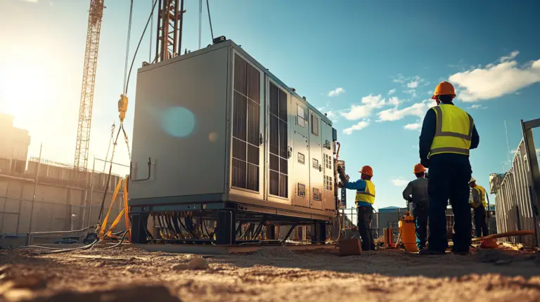 Active construction site with workers in safety gear, large equipment, and towering cranes under sunlight.