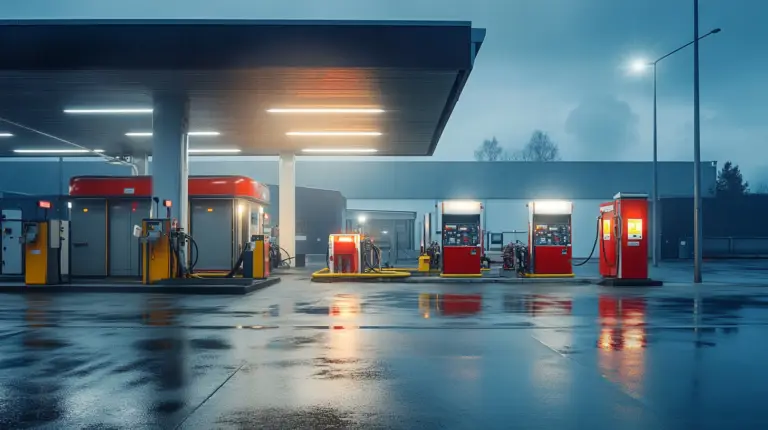 Tranquil gas station at dusk, vibrant fuel pumps reflecting on wet pavement in moody atmosphere.