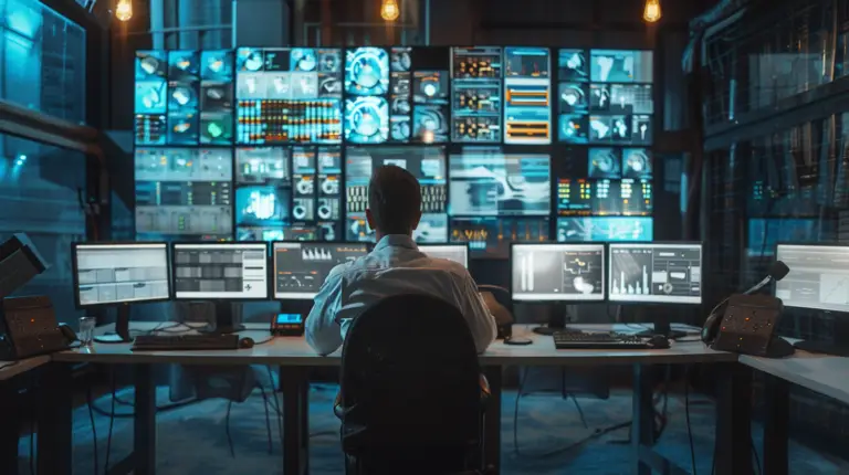 High-tech command center with focused professional analyzing vibrant data and surveillance feeds.