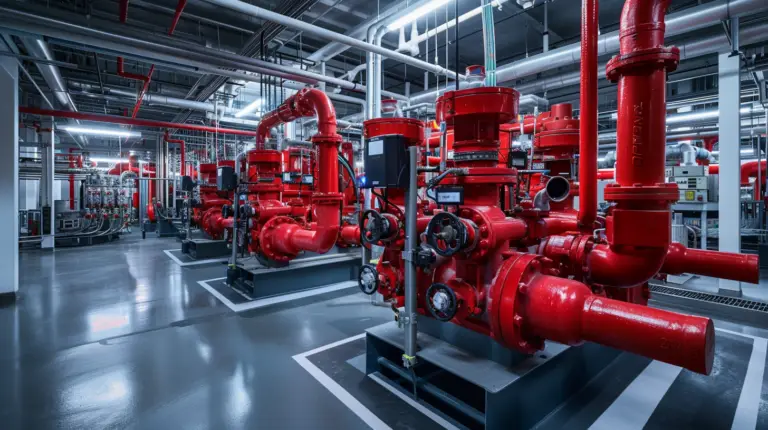 Modern industrial pump system with red pumps and organized design for safety and efficiency.