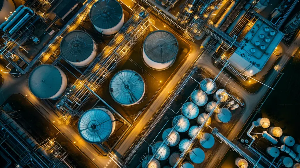 Aerial view of illuminated industrial storage tanks illustrating complex fuel distribution systems at dusk.