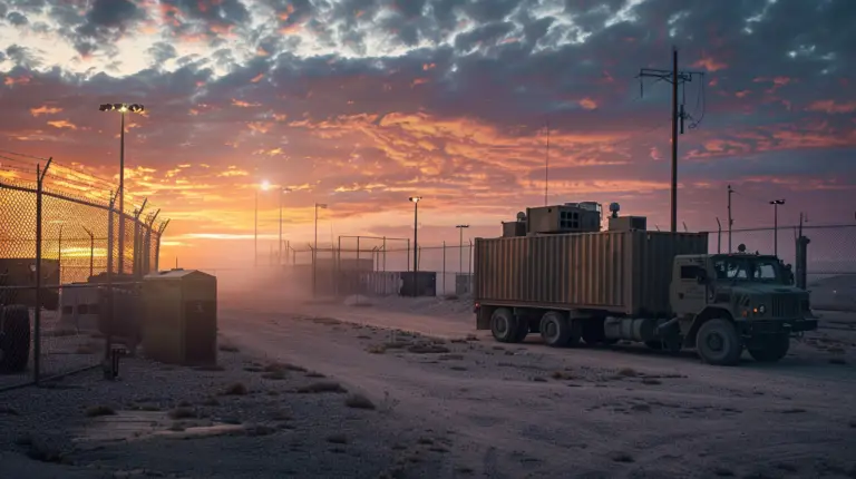 Military truck at dusk with vibrant sunset over a desolate landscape and industrial structures.