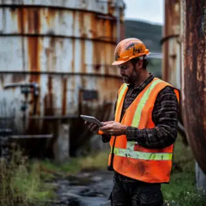 Focused worker in safety vest using technology in a decaying industrial landscape.