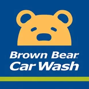 Cheerful Brown Bear Car Wash logo features a yellow bear on a vibrant blue background.