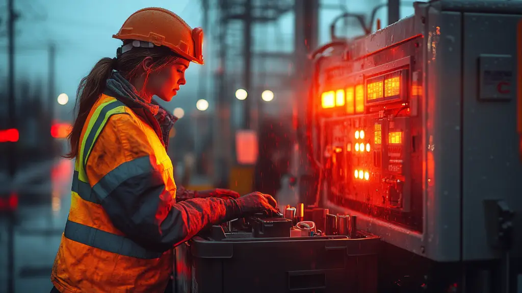 Female technician in safety gear monitors control panel in an electrical facility.