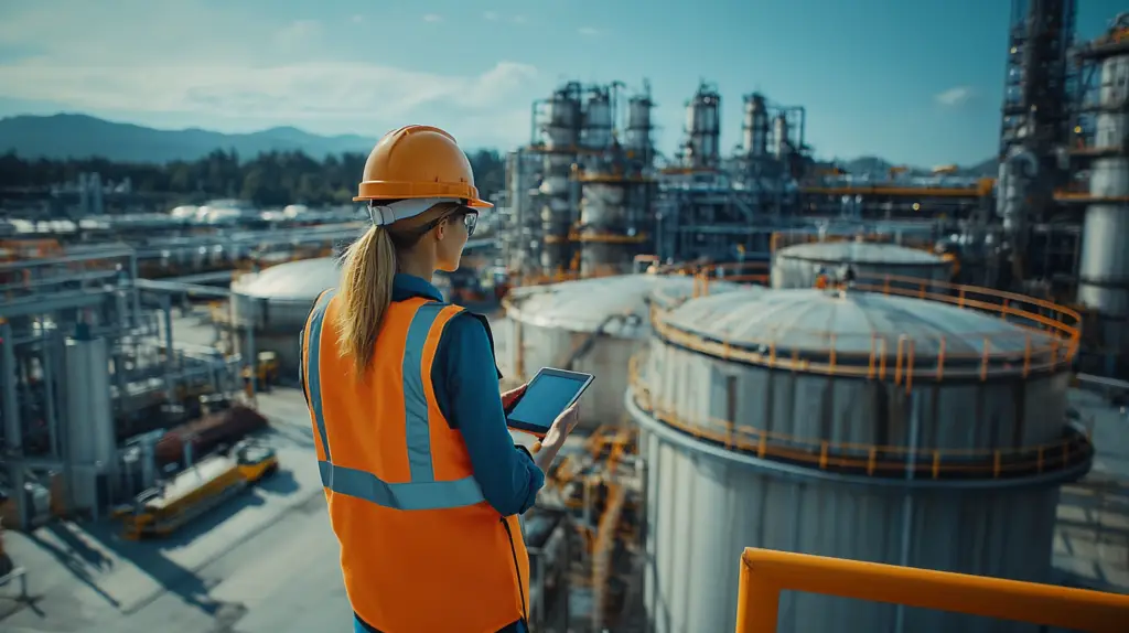 Female worker monitoring industrial operations from a platform at a chemical processing plant.