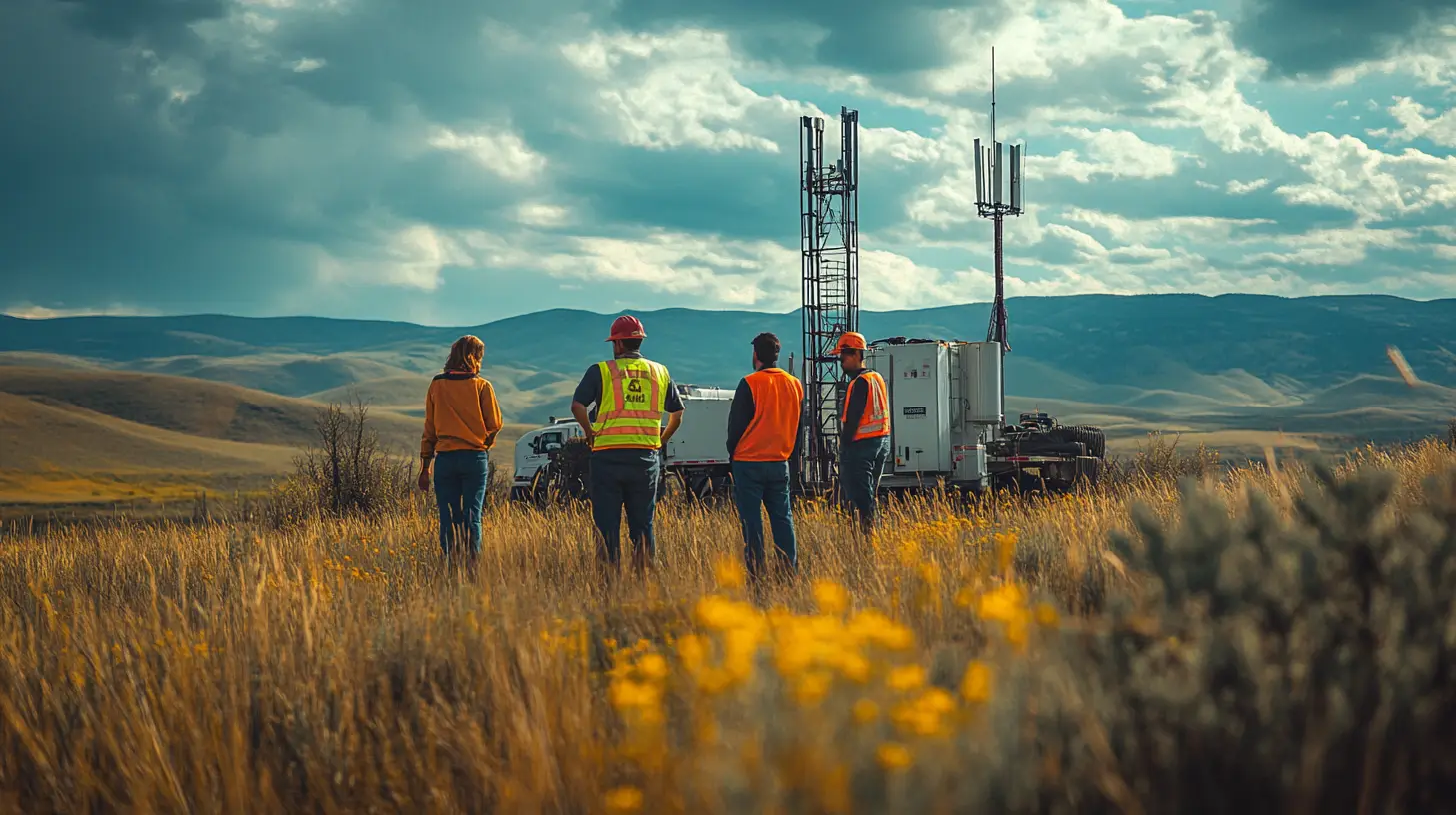 Professionals in orange vests collaborate on a cell tower project in a scenic field.