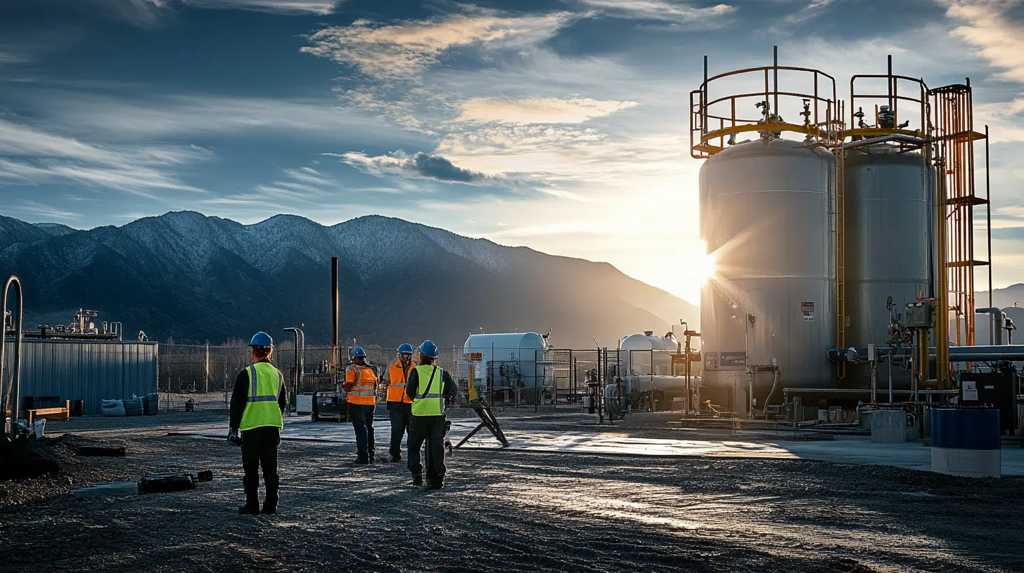 Workers collaborate at an industrial site under a stunning mountain sunset backdrop.