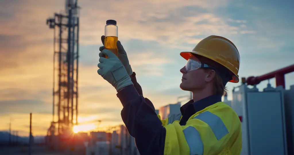 Worker inspects yellow liquid sample at sunset, highlighting safety in industrial telecom settings.