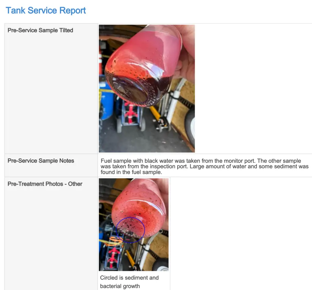 Fuel sample report showing contamination and sediment analysis for monitoring fuel quality issues.