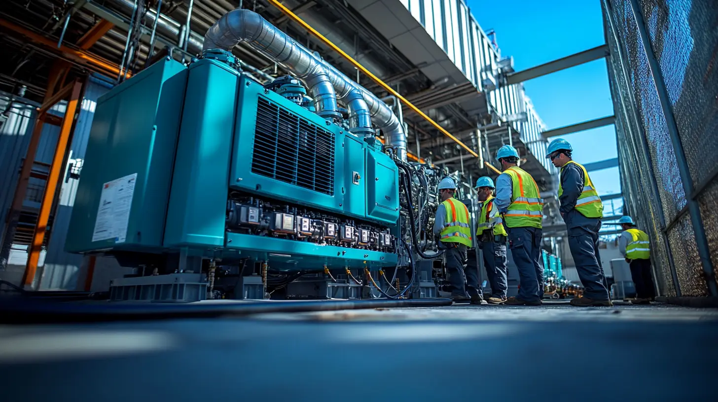 Workers in safety gear inspect a blue industrial generator in an active construction environment.