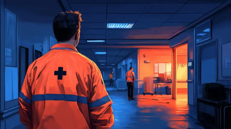 Emergency medical workers in orange jackets prepare in a hospital corridor, highlighting healthcare teamwork.