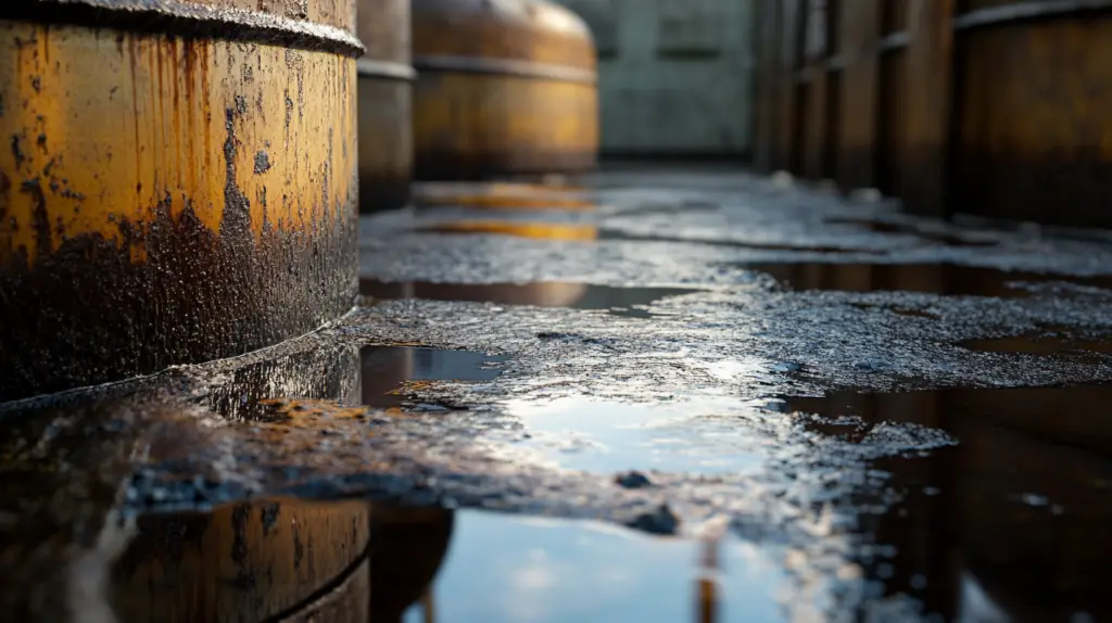 Aging industrial barrels reflect neglect and decay in a desolate industrial environment.