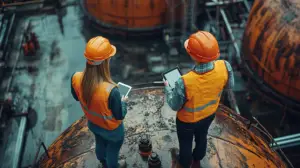 Two industrial workers in safety gear collaborate on a platform at a refinery.