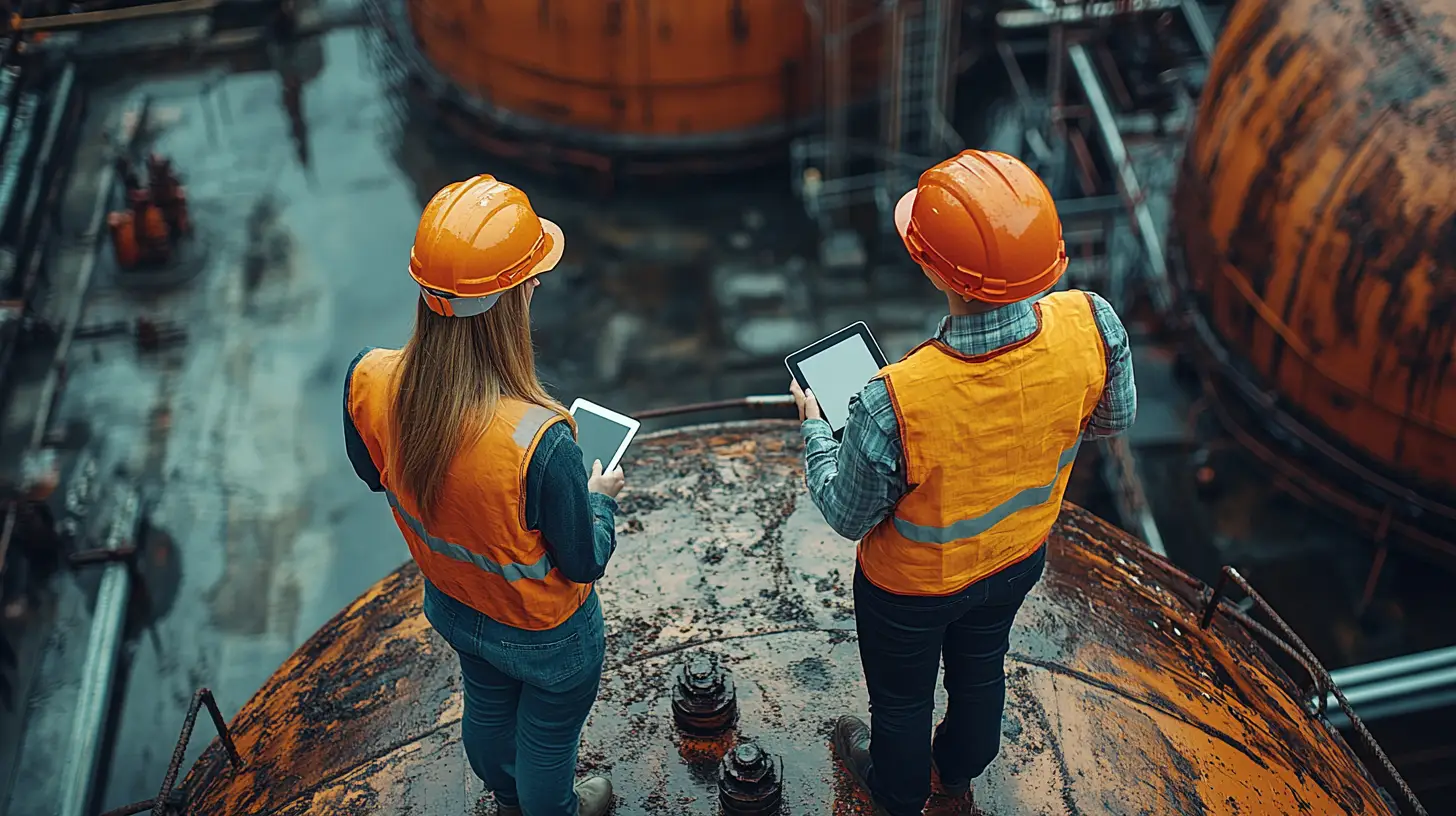 Two industrial workers in safety gear collaborate on a platform at a refinery.