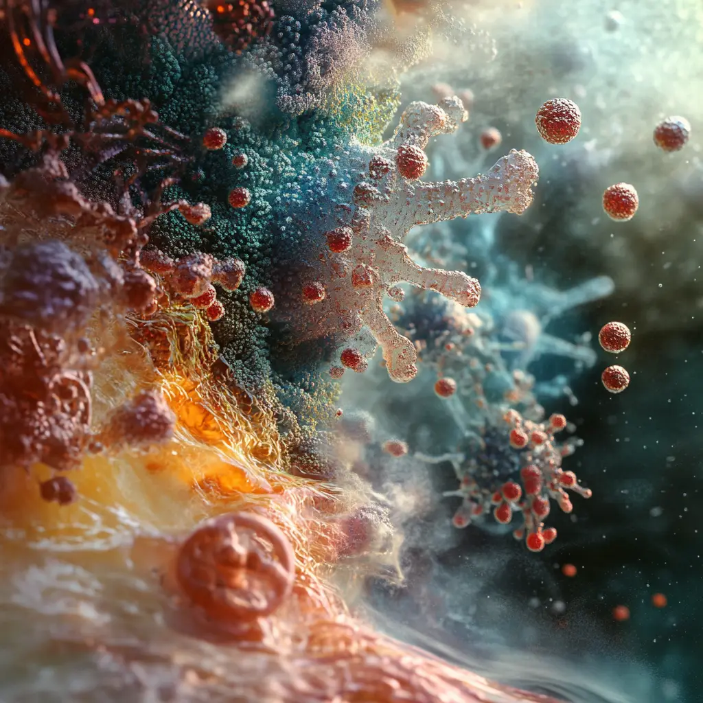 Vibrant abstract illustration of microscopic cellular structures and biological organisms in rich colors.