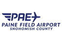 Paine Field Airport logo features PAE, a sleek airplane, and trust-inspiring blue colors.