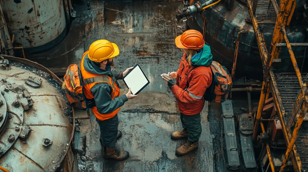 Industrial workers in safety gear collaborating with technology in a busy manufacturing environment.