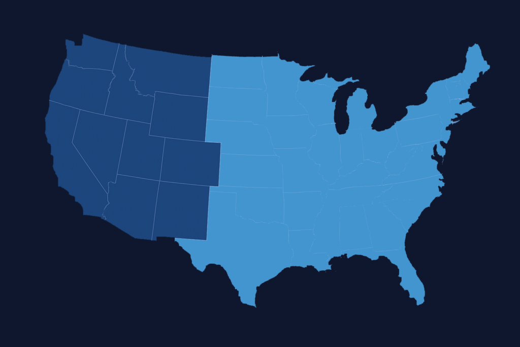 Map of the United States with color-coded regions showcasing various geographic distinctions.