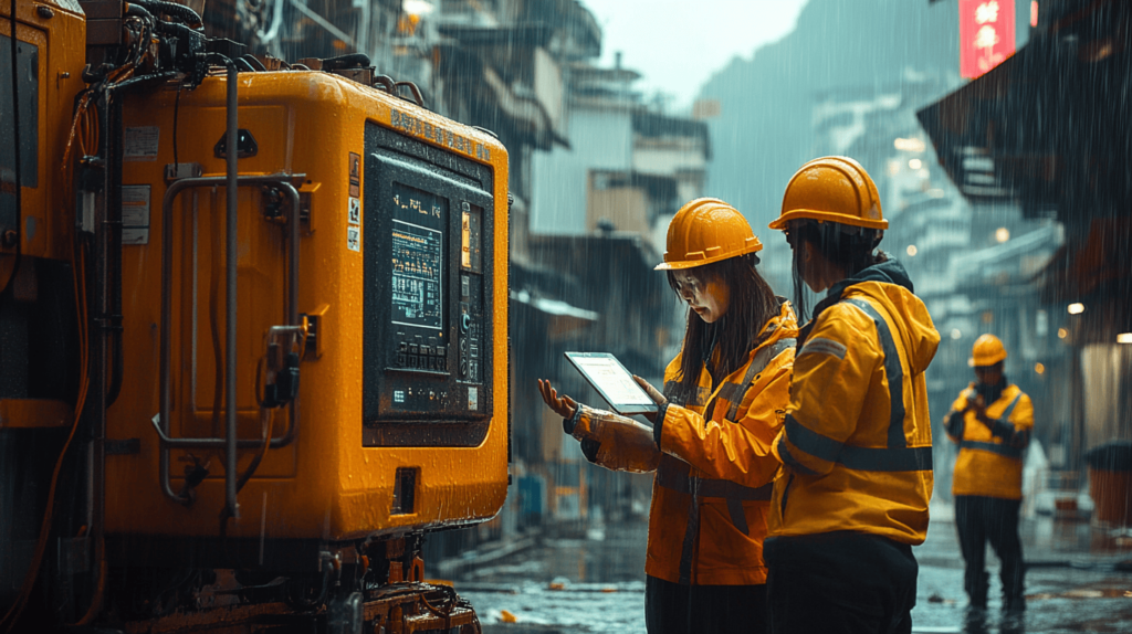 Workers in raincoats operate machinery in a vibrant, rainy urban construction scene.